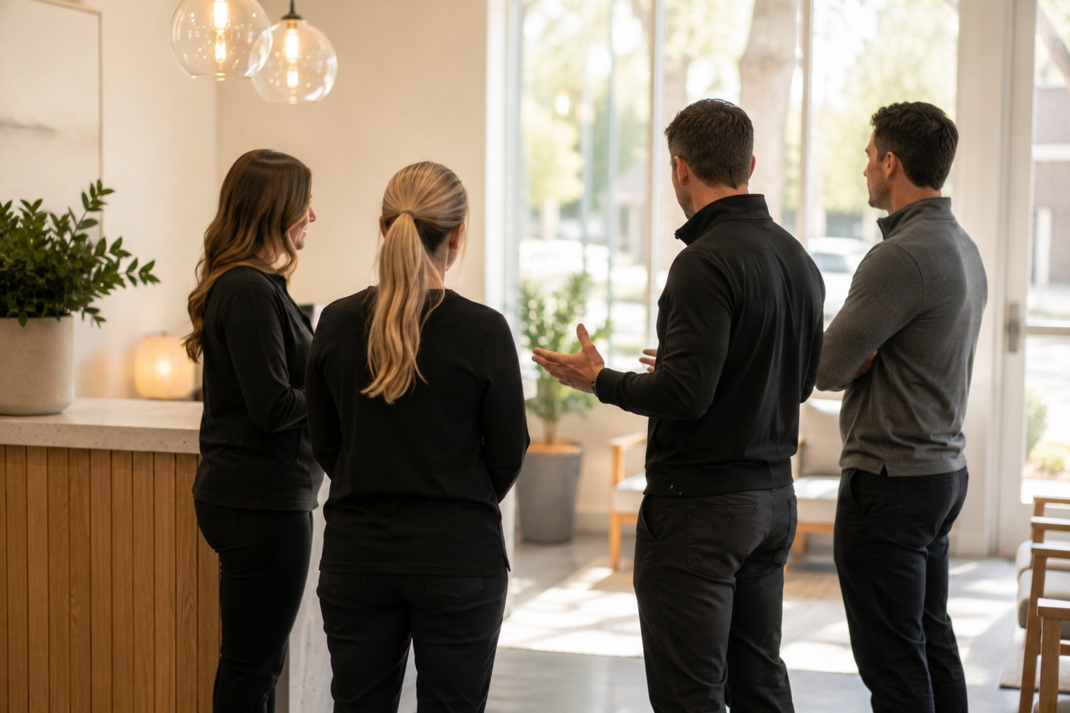 Chiropractic team meeting at the front desk before the day begins