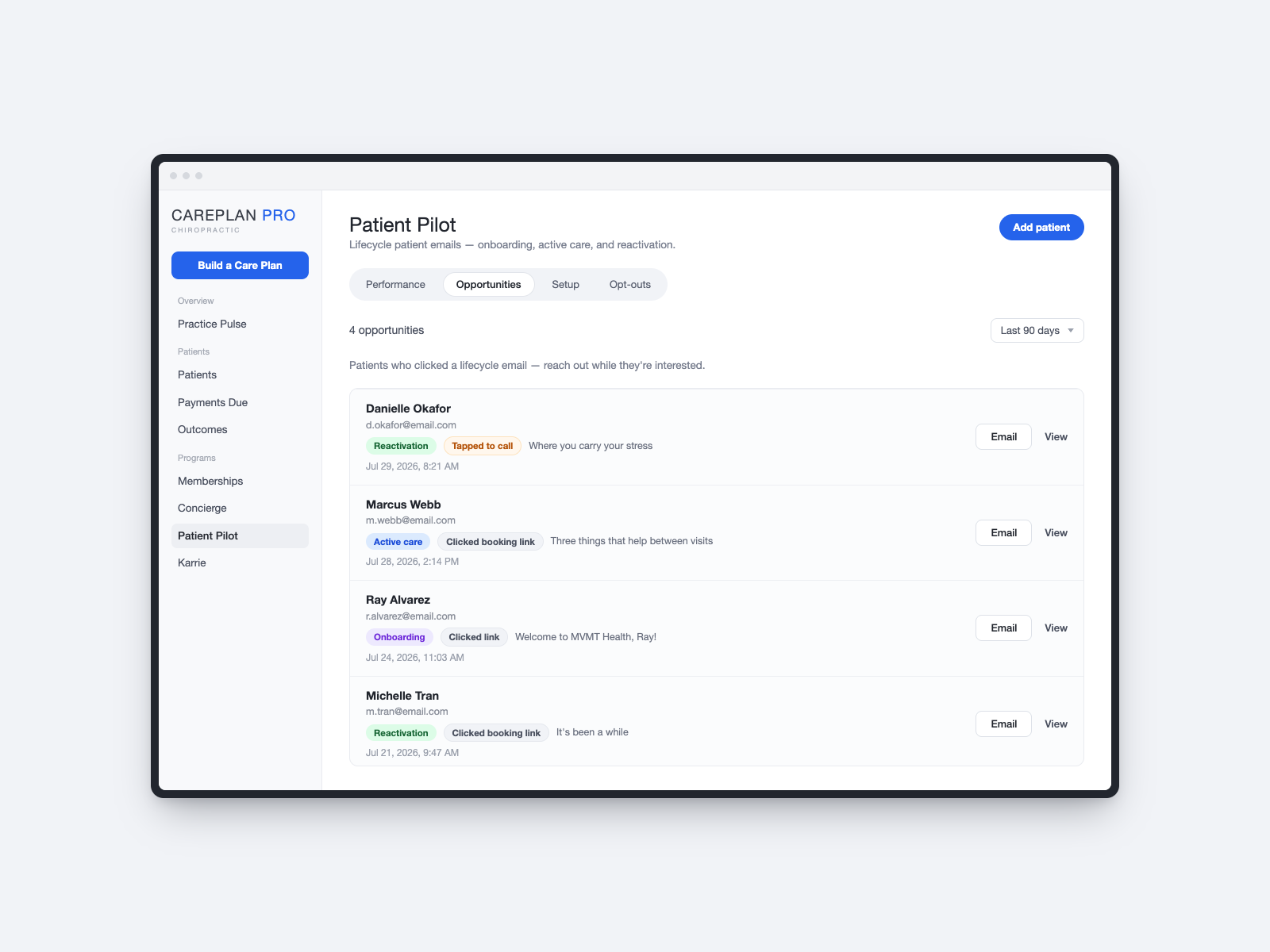The Care Plan Pro opportunities list showing patients who clicked a lifecycle email