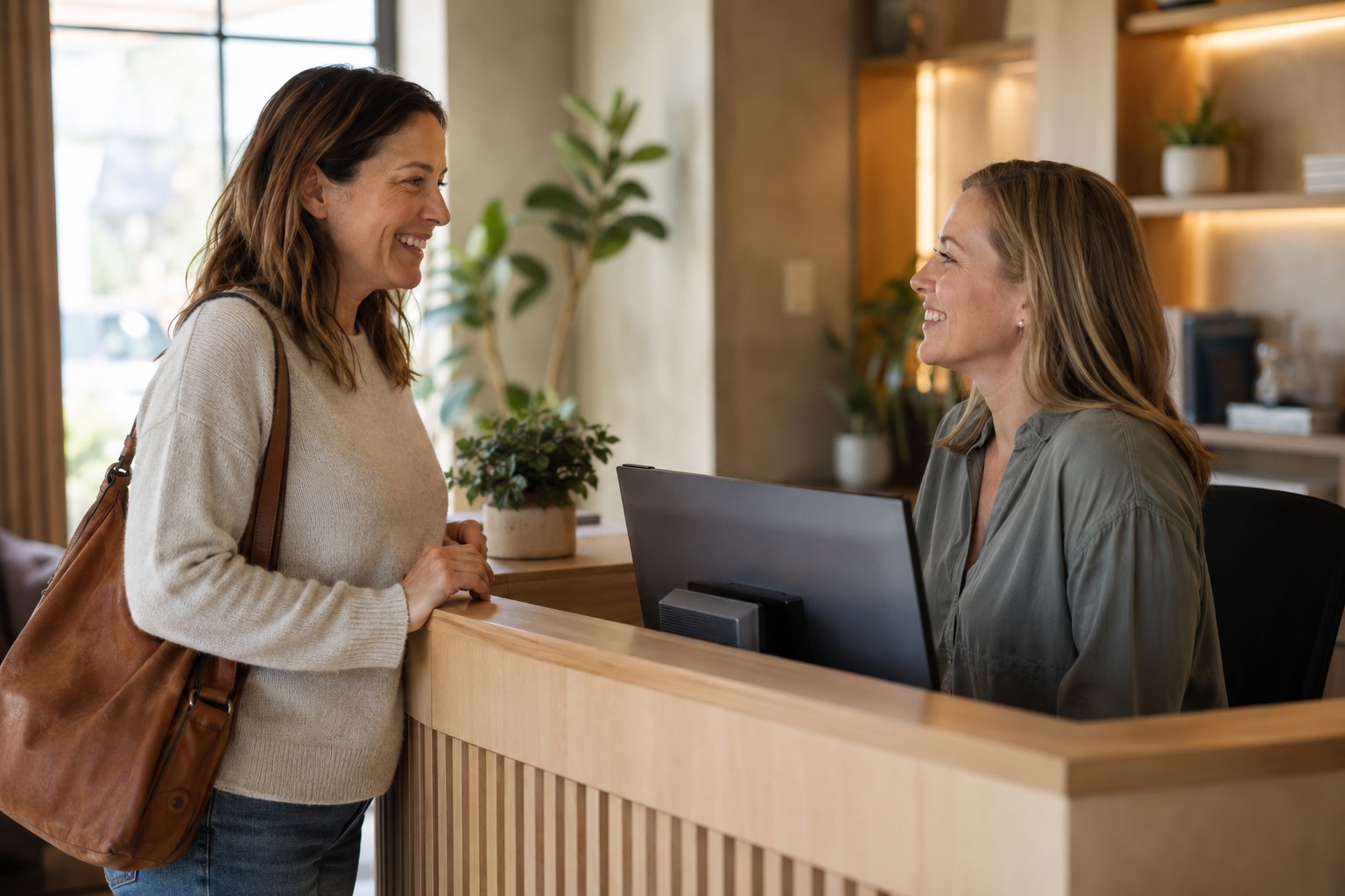 A returning patient being welcomed back at the front desk of a chiropractic practice